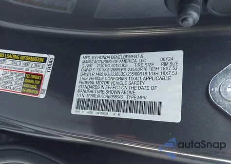 2024 Honda Odyssey Ex-L z USA, uszkodzony, nr VIN 5FNRL6H60RB068646